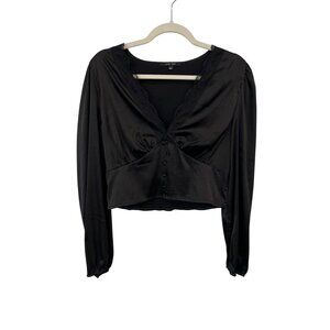 Love Tree Crop Top Size Large Lace Trim V Neck Long Sleeve Blouse Black Modern